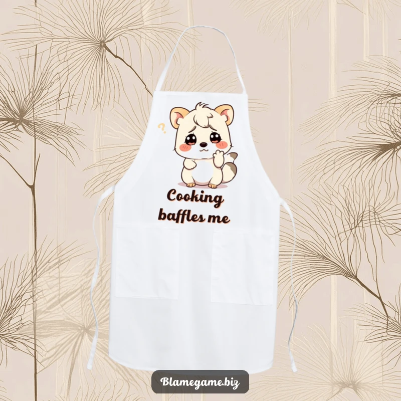 Funny apron with a confused small animal scratching its head with a paw, ideal for kitchen humor.