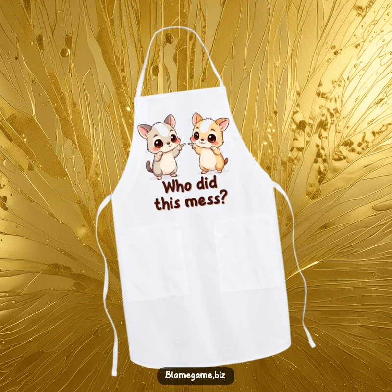 Funny apron featuring two wide-eyed animals pointing accusingly, ideal for kitchen humor and protection.