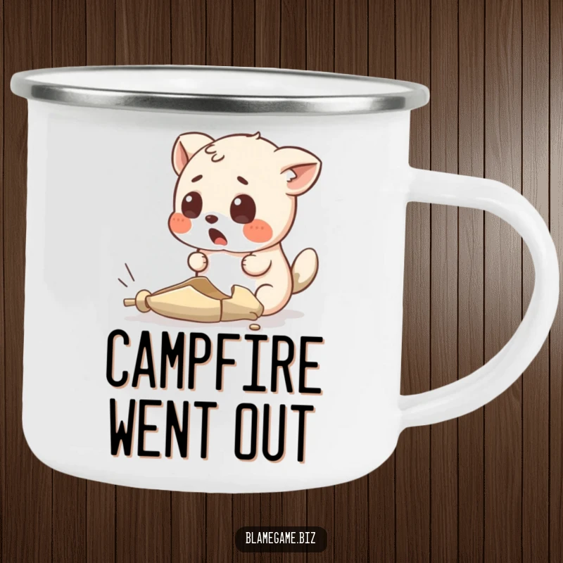 Funny camping mug with a surprised small animal looking at an absurdly tiny, broken object, perfect for outdoors.