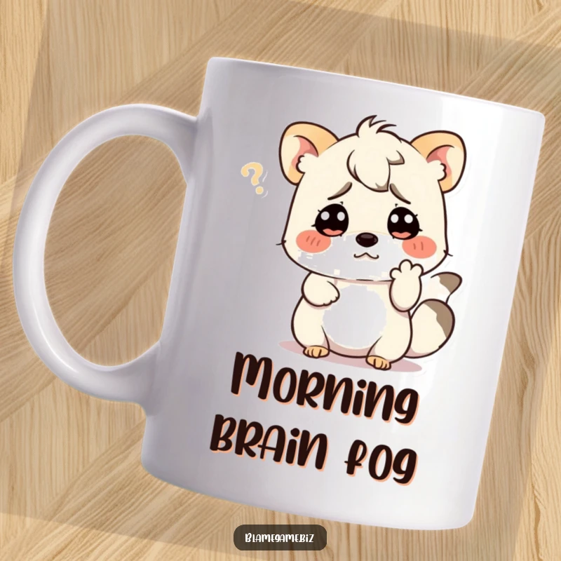 Funny mug featuring a confused small animal scratching its head with a paw, embodying puzzled contemplation.
