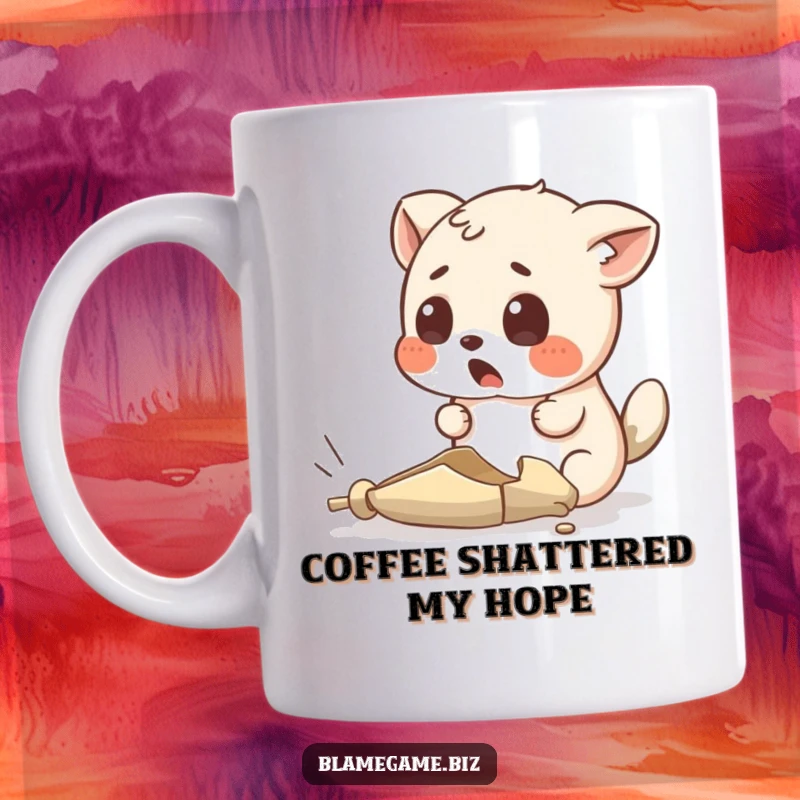 Funny mug featuring a surprised small animal gazing at an absurdly tiny, broken object, embodying shock.