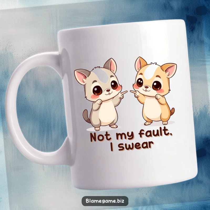 Funny mug featuring two wide-eyed animals enthusiastically pointing accusingly at each other, perfect for a humorous gift.