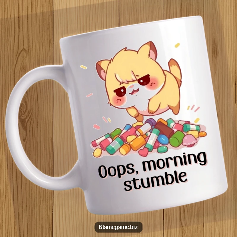 Funny mug featuring a flustered small animal tripping over scattered colorful objects, showcasing relatable clumsiness.