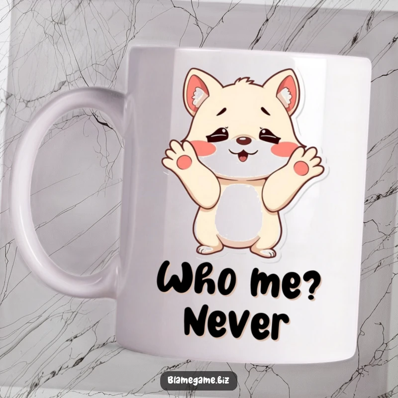 Funny mug featuring a mischievous small animal shrugging with innocent, wide-open paws, embodying playful denial.