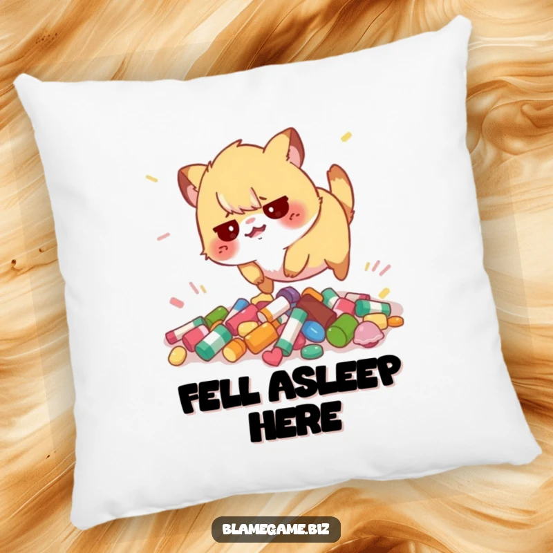 Funny pillow with a flustered small animal tripping over scattered colorful objects, perfect for comfort.