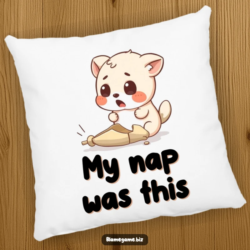 Funny pillow with a surprised small animal looking at an absurdly tiny, broken object, perfect for comfort.