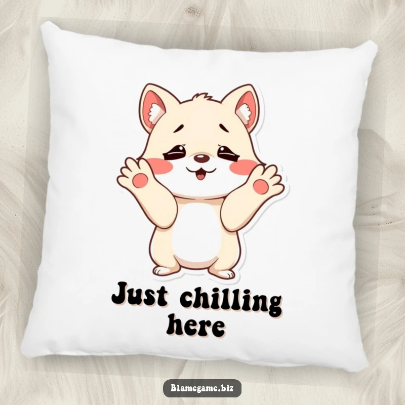 Funny pillow with a mischievous small animal shrugging with innocent, wide-open paws, perfect for comfort.
