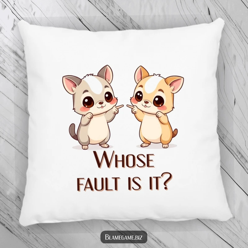 Funny pillow with a design of two wide-eyed animals pointing accusingly, adding comfort and humor.