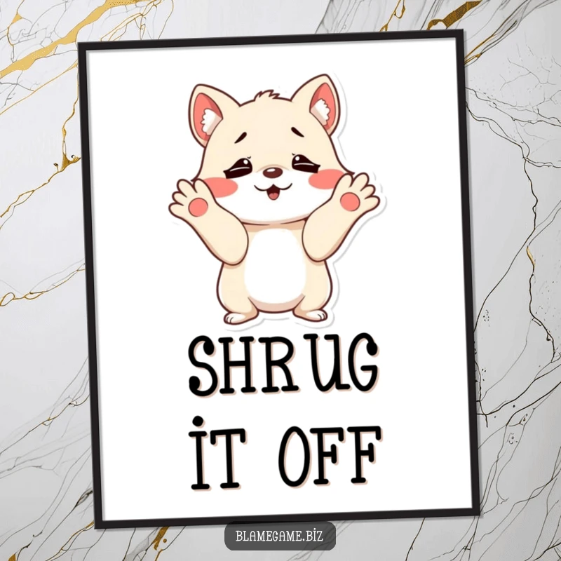 Funny digital art print of a mischievous small animal shrugging with innocent, wide-open paws, for instant decor.