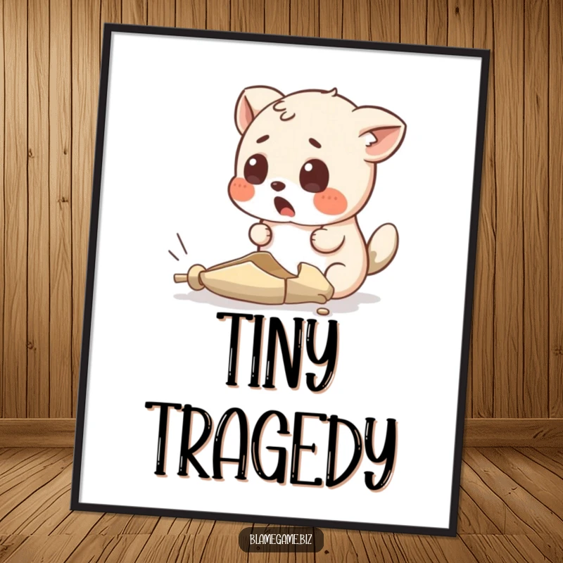 Funny digital art print of a surprised small animal looking at an absurdly tiny, broken object, for instant decor.