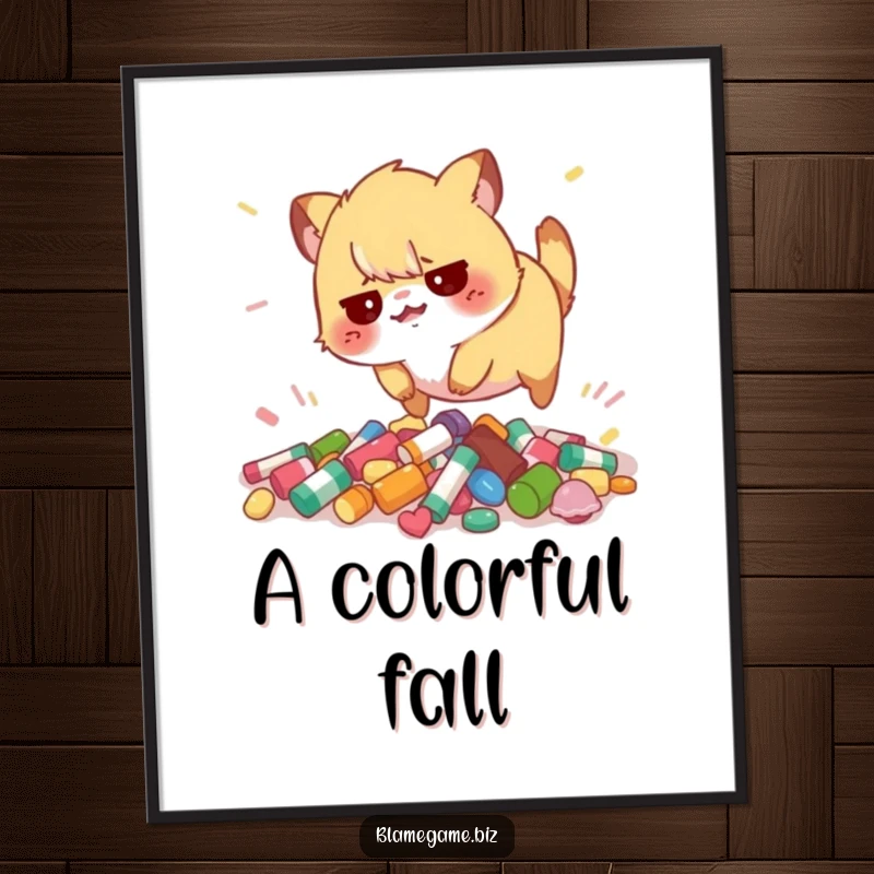 Funny digital art print of a flustered small animal tripping over scattered colorful objects, for instant decor.