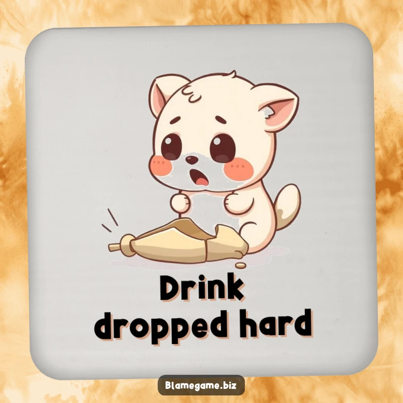 Funny coasters (set of 4) with a surprised small animal looking at an absurdly tiny, broken object, protecting surfaces.