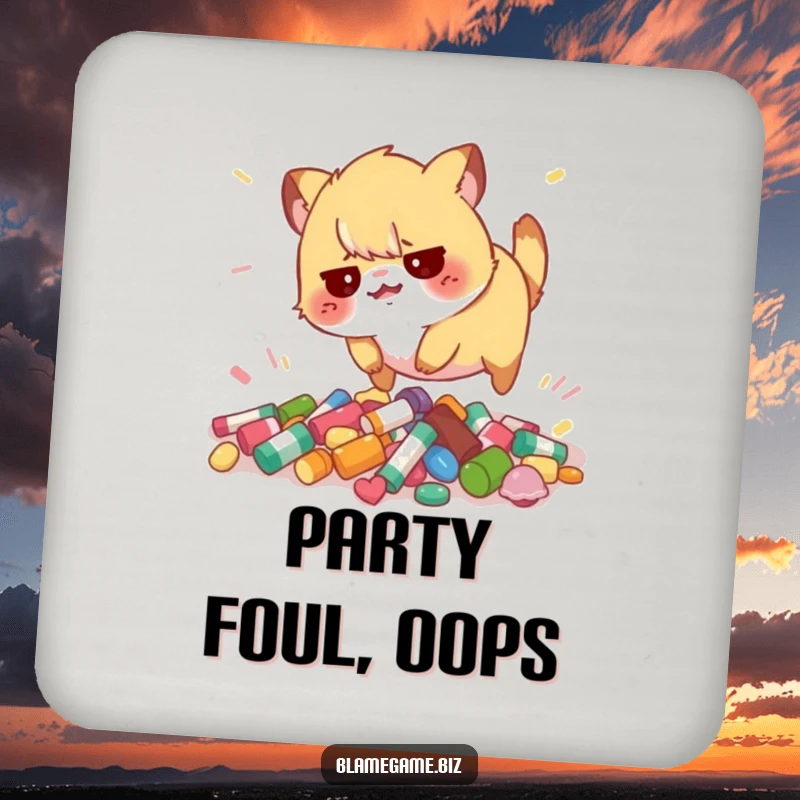 Funny coasters (set of 4) with a flustered small animal tripping over scattered colorful objects, protecting surfaces.