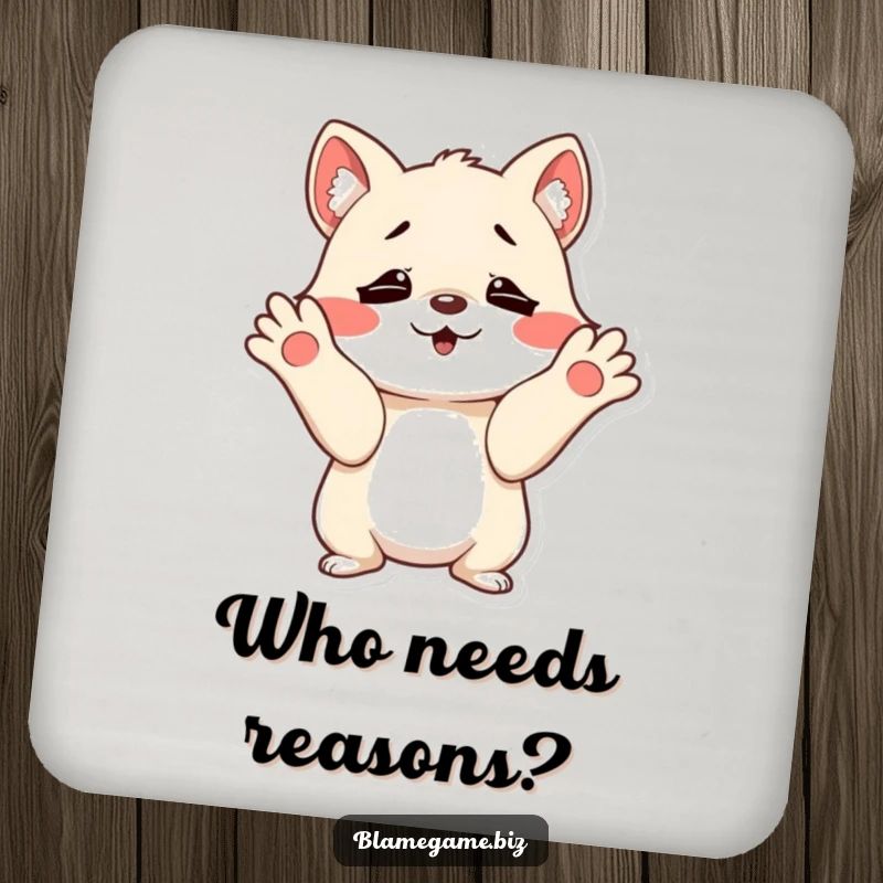 Funny coasters (set of 4) with a mischievous small animal shrugging with innocent, wide-open paws, protecting surfaces.