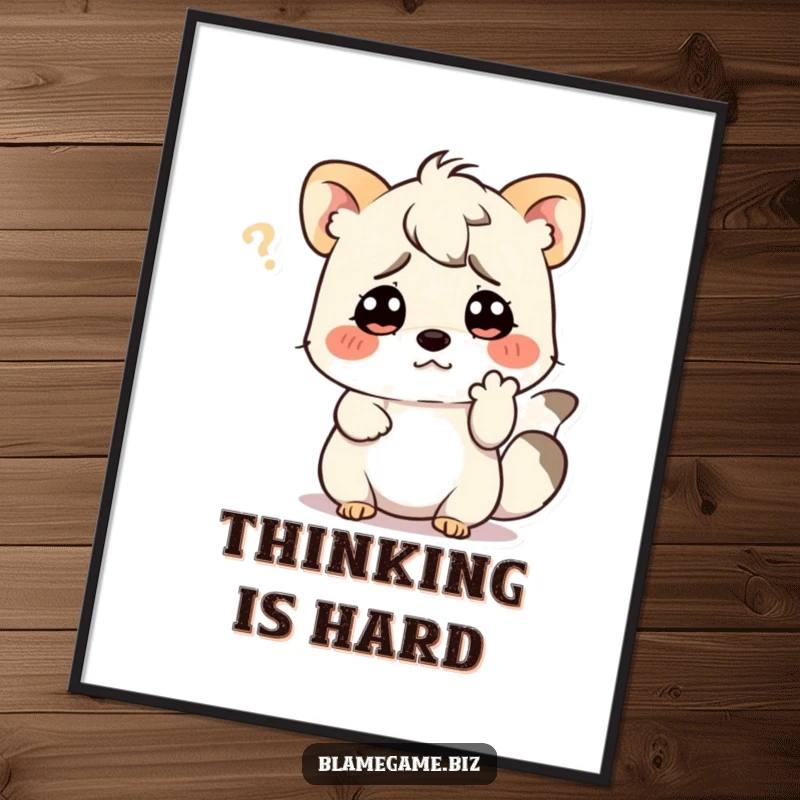 Funny poster featuring a confused small animal scratching its head with a paw, adding humorous wall art.