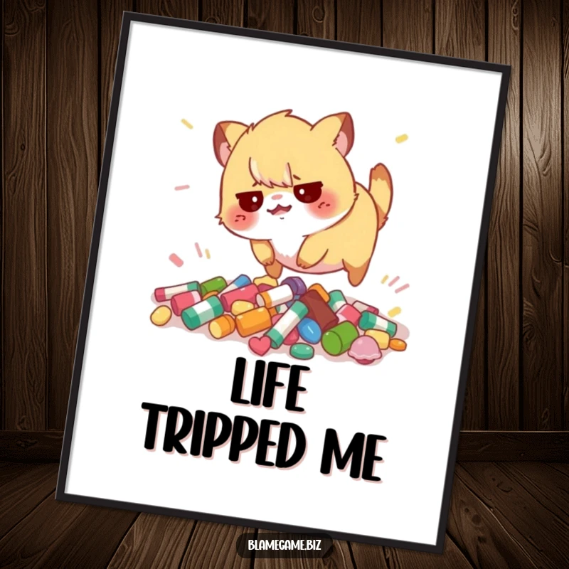 Funny poster featuring a flustered small animal tripping over scattered colorful objects, adding humorous wall art.