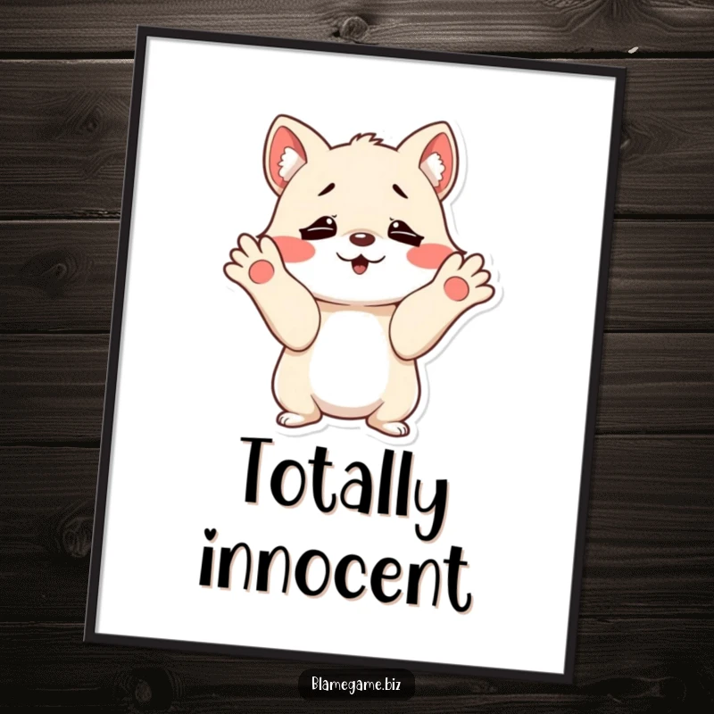 Funny poster featuring a mischievous small animal shrugging with innocent, wide-open paws, adding humorous decor.