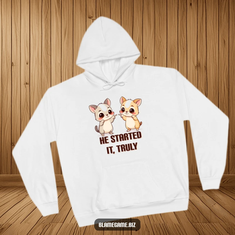 Funny hoodie featuring two wide-eyed animals pointing accusingly, perfect for staying warm and sharing laughs.