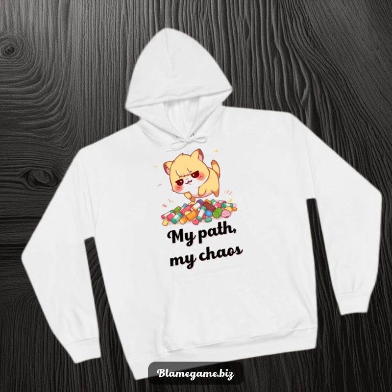 Funny hoodie featuring a flustered small animal tripping over scattered colorful objects, ideal for cozy humor.