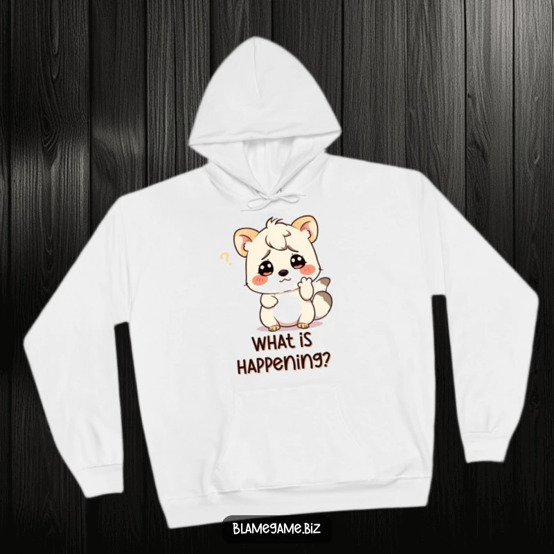 Funny hoodie featuring a confused small animal scratching its head with a paw, ideal for cozy contemplation.