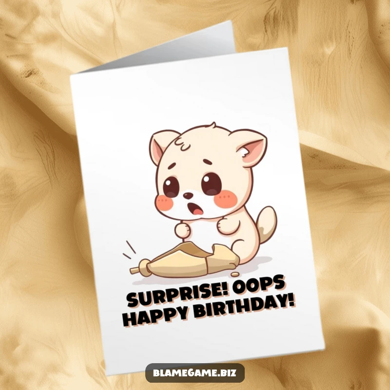 Funny Free Printable Birthday Card featuring a surprised animal looking at a tiny, broken object, a humorous birthday wish.