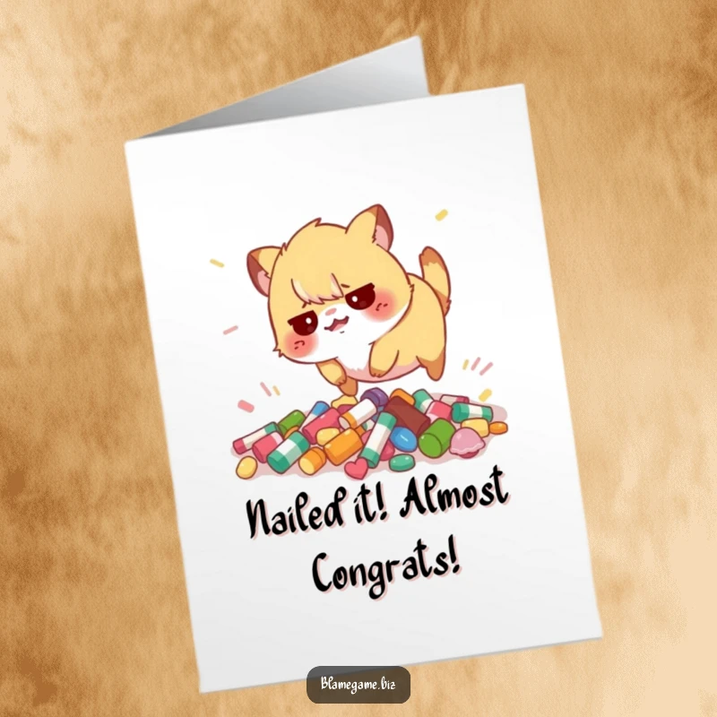 Funny Free Printable Congratulations Card: a flustered animal trips over scattered objects, humorously celebrating overcoming challenges.