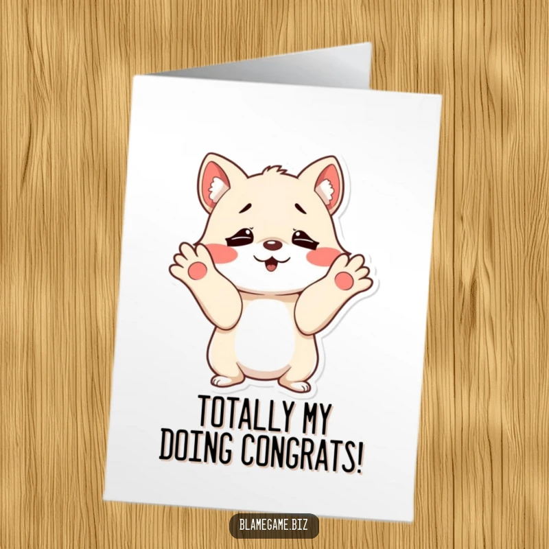 Funny Free Printable Congratulations Card showing a mischievous animal shrugging with innocent paws, celebrating a win with humor.