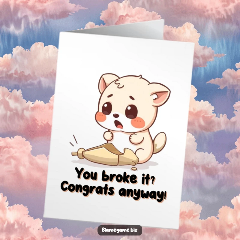 Funny Free Printable Congratulations Card showing a surprised animal's reaction to an absurdly tiny, broken object, celebrating success humorously.