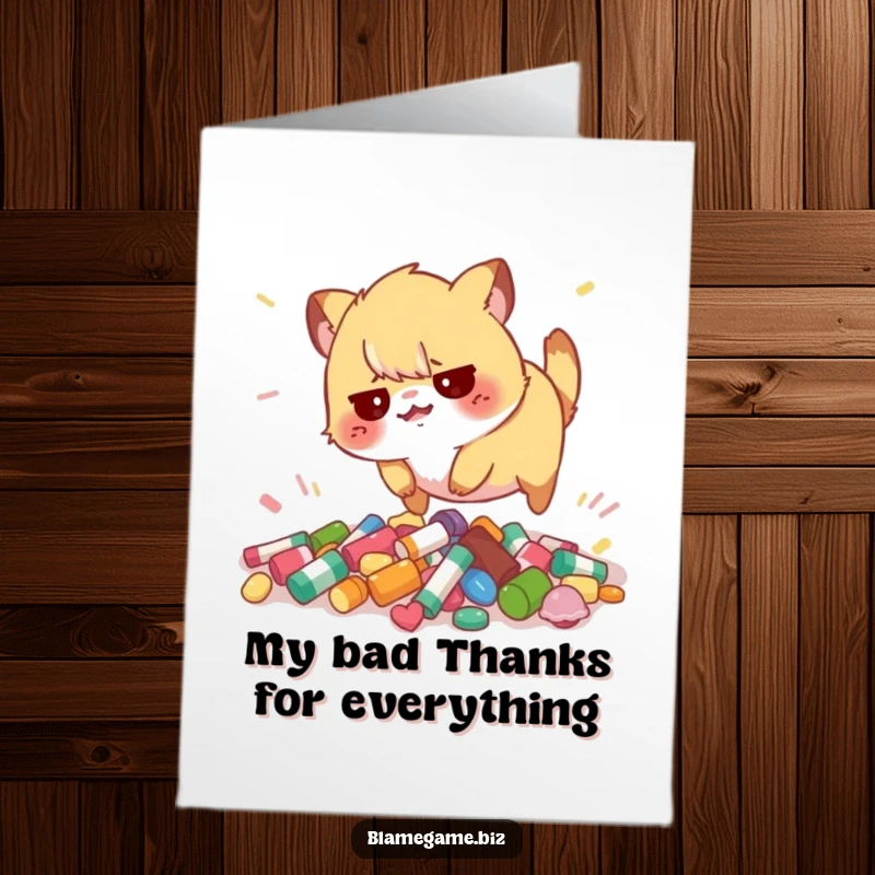 Funny Free Printable Thank You Card featuring a flustered animal tripping over colorful items, expressing thanks humorously for help.