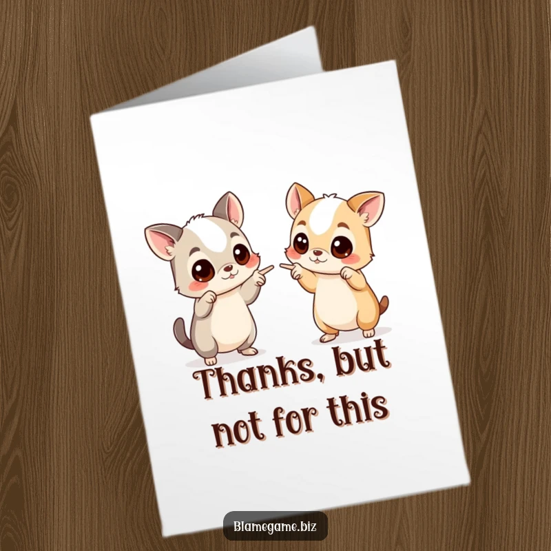 Funny Free Printable Thank You Card featuring two wide-eyed animals in a comical blame-pointing situation, expressing thanks humorously.