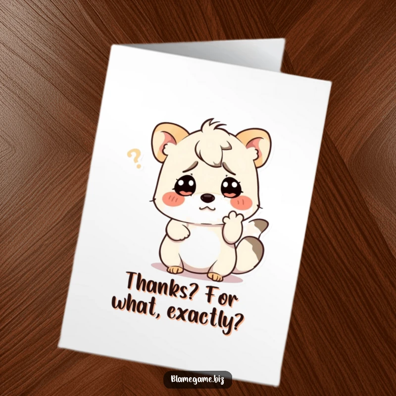 Funny Free Printable Thank You Card featuring a confused animal scratching its head, expressing thanks humorously.