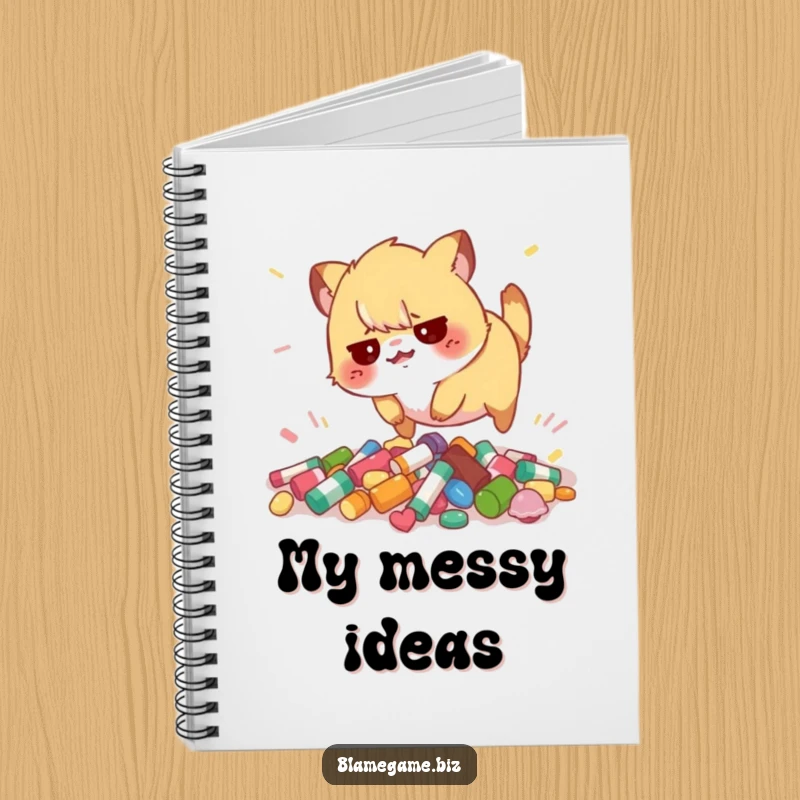 Funny notebook with a flustered small animal tripping over scattered colorful objects, perfect for journaling.