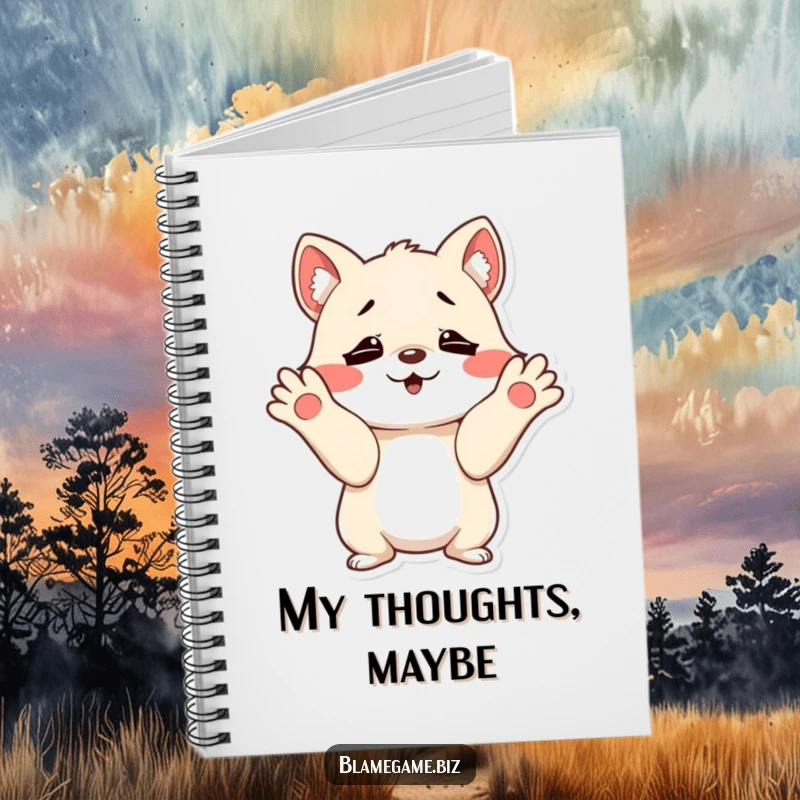 Funny notebook with a mischievous small animal shrugging with innocent, wide-open paws, perfect for journaling.