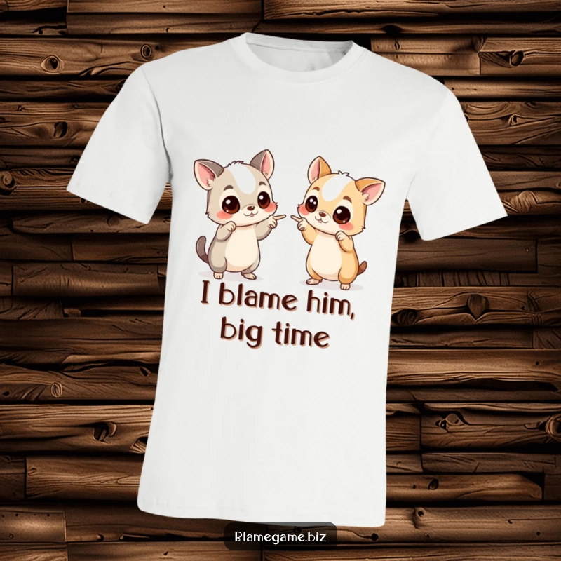 Funny t-shirt with two wide-eyed animals pointing accusingly at each other, showcasing a hilarious blame game.