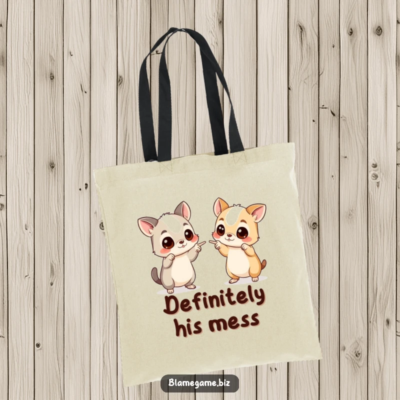 Funny tote bag showcasing two wide-eyed animals pointing accusingly at each other, ideal for humorous shopping.