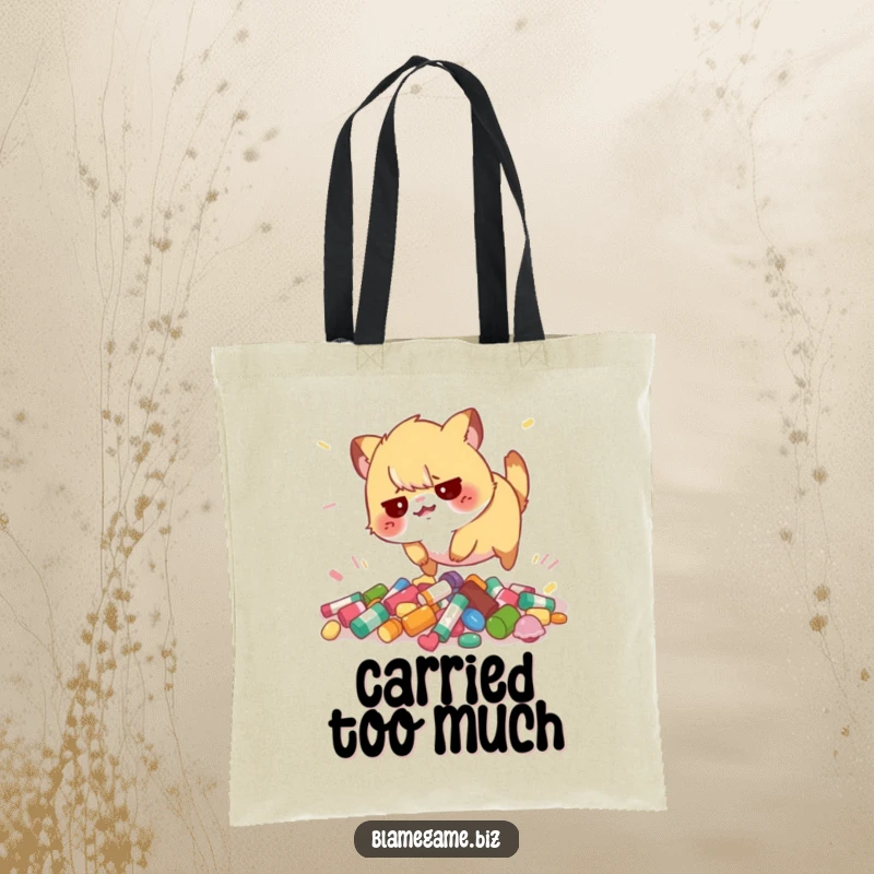 Funny tote bag with a flustered small animal tripping over scattered colorful objects, ideal for daily use.